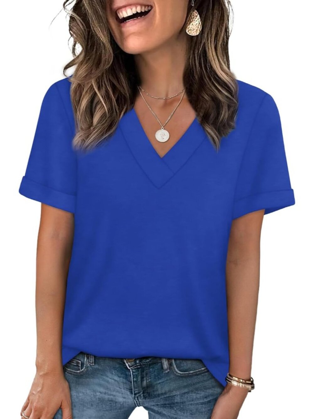 🆕Women's Royal Blue Tops Short Sleeve Basic Casual V Neck T Shirts Trendy